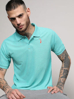 Campus Sutra - Mens Aqua Blue Solid Polo Activewear T-Shirt