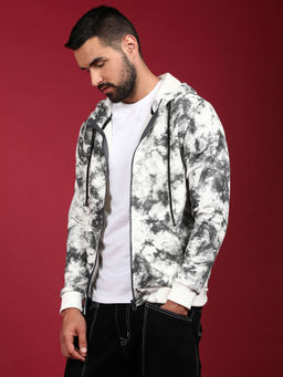 Campus Sutra - Mens Chalk White & Charcoal Grey Zip Front Tie-Dye Hoodie