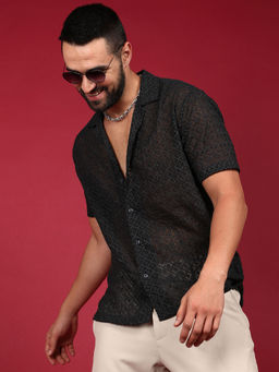 Campus Sutra - Mens Midnight Black Floral Embroidered Shirt