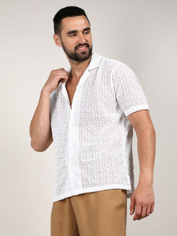 Campus Sutra - Mens Chalk White Floral Embroidered Shirt