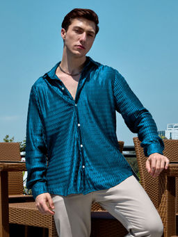 Campus Sutra - Mens Aegean Blue Curly-Creased Shirt