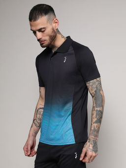 Campus Sutra - Mens Jet Black & Sky Blue Ombre Polo Activewear T-Shirt
