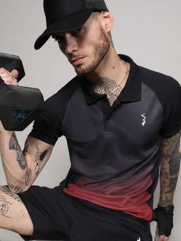 Campus Sutra - Mens Jet Black & Crimson Red Ombre Polo Activewear T-Shirt