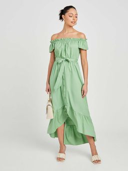 Styli - Green Off Shoulder High-low Hem Maxi Dress With Tie Belt And Button Detail (Set of 2)