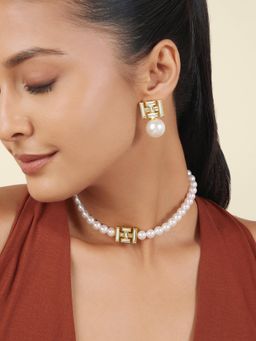 Isharya - White Pearl Prism Mirror Necklace With Earring In 18Kt Gold Plated
