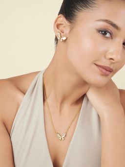 Isharya - White Golden Butterfly Earrings With Necklace In 18Kt Gold Plated