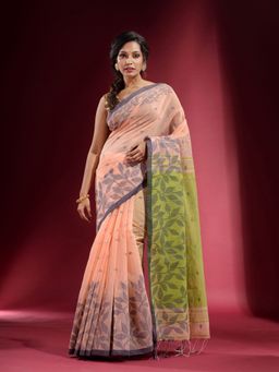 CHARUKRITI - Peach with Geometric Buttas and Foliage Pattern Saree with Unstitched Blouse