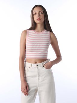 ONLY - Women Horizontal Stripes Slim Fit Pink Crop Top