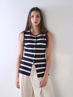 ONLY - Women Horizontal Stripes Slim Fit Navy Blue Top