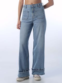 ONLY - Women Solid Wide Leg High-Rise Blue Jeans