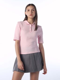 ONLY - Women Self Design Regular Fit Pink Polo T-Shirt