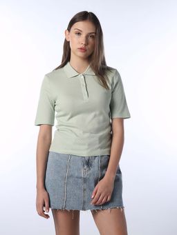 ONLY - Women Self Design Regular Fit Light Green Polo T-Shirt