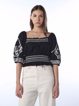 ONLY - Women Embroidered Regular Fit Black Top