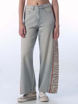 ONLY - Women Typography Wide Leg High-Rise Blue Jeans