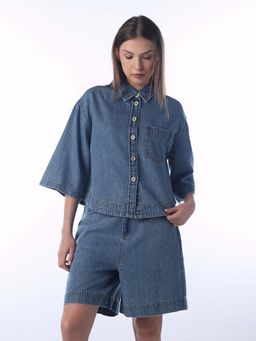 ONLY - Women Solid Boxy Blue Shirt