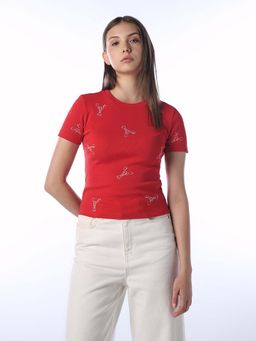 ONLY - Women Self Design Slim Fit Red T-Shirt