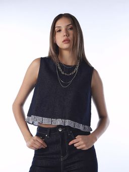 ONLY - Women Checks Regular Fit Navy Blue Top