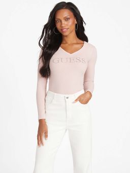Guess - Women Pink Embellished V Neck Top