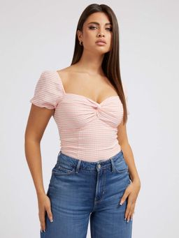 Guess - Women Pink Striped Sweetheart Neck Short Sleeves Top