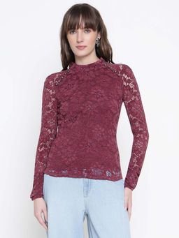Guess - Women Burgundy Lace Embroidery Mock Neck Top
