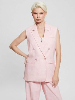 Guess - Pink Solid Lapel Collar Sleeveless Double Breasted Blazer