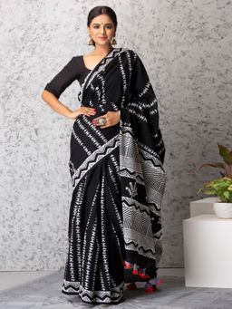 Baisacrafts - Emily Handblock Cotton Saree With Unstiched Blouse