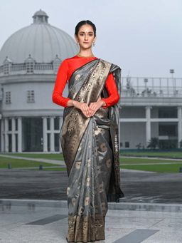 Beatitude - Grey Shade Banarasi Silk Woven Saree with Unstitched Blouse