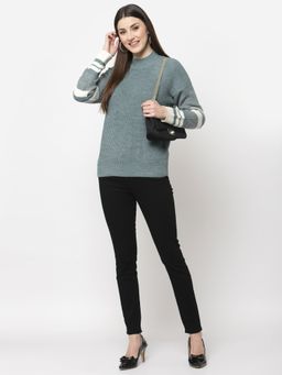 Club York - Women Mint Self Design Round Neck Acrylic Pullover Sweatshirt