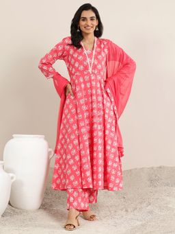 Libas - Peach Printed Cotton Anarkali Sets for Women