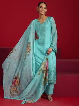 Libas Art - Turquoise Floral Embroidered Kurta with and Pant with Floral Dupatta (Set of 3)
