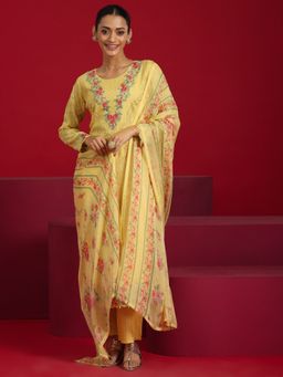 Libas Art - Yellow Floral Embroidered Kurta with Pant with Floral Dupatta (Set of 3)