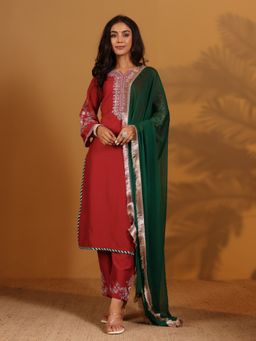 Varanga - Red Zari and Sequin Embroidered Kurta with Pant and Dupatta (Set of 3)