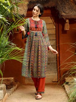 Qissa - Women's Olive Green Block Kurta with Pant (Set of 2)