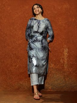 Qissa - Women's Navy Blue Tie-Dye Kurta with Pant (Set of 2)