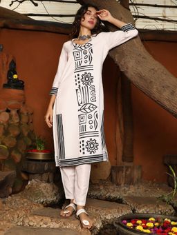 Qissa - Women's Daisy White Indie Lines Kurta with Pant (Set of 2)