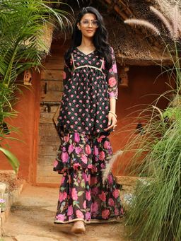 Qissa - Women's Midnight Black Floral Kurti and Sharara (Set of 2)