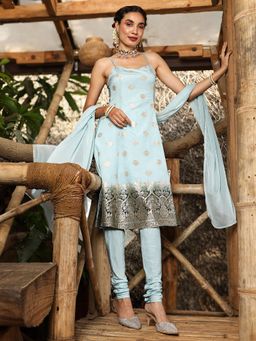 Qissa - Women's Powder Blue Floral Zari Anarkali Kurta with Churidar and Dupatta (Set of 3)