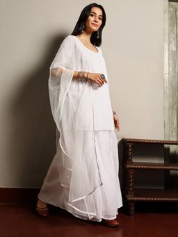 Qissa - Women's Daisy White Schiffli Kurti with Palazzo and Dupatta (Set of 3)