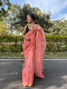 Odette - Peach Organza Embroidered Saree with Unstitched Blouse
