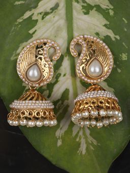 Anika's Creations - Pearl Embedded Traditional Partywear Golden Jhumki Earrings