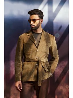 Philocaly - Men Olive Notched Lapel Textured Shacket with Belt
