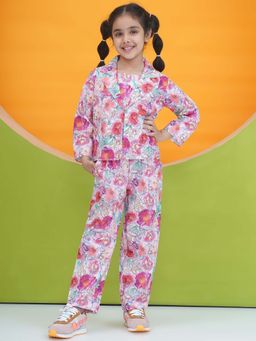 AJ Dezines - Pink 3/4th Sleeves Floral Print Girls Co-Ord (Set of 3)