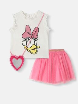 Nautinati - Girls' Disney Glitter Print Set of Top and Skirt With Sling Bag (Set of 3)