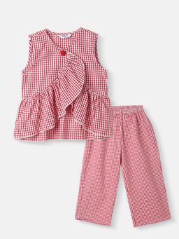 Nautinati - Girls’ Top and Pants Gingham Asymmetric Clothing Frill Top (Set of 2)