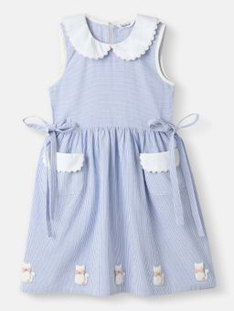 Nautinati - Girls' Peterpan Collar Dress with Front Pockets and Cat Patches