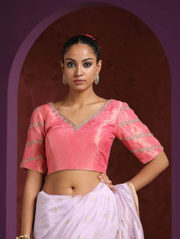 WeaverStory - Handcrafted Pink Tissue Blouse with Hand Embroidered Zardozi