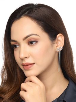 Yellow Chimes - Silver Tone Bow Shaped Linear Chain Fringe Dangler Earrings