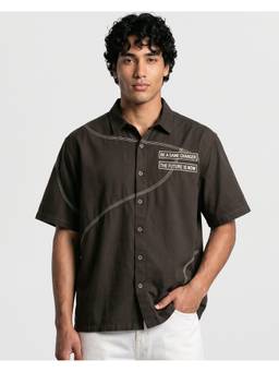 Bewakoof - Men's Brown Embroidered Oversized Shirt