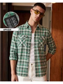 Bewakoof - Men's Green Applique Checked Cargo Shirt