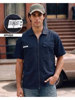 Bewakoof - Men's Navy Blue Oversized Applique Zipper Cargo Shirt
